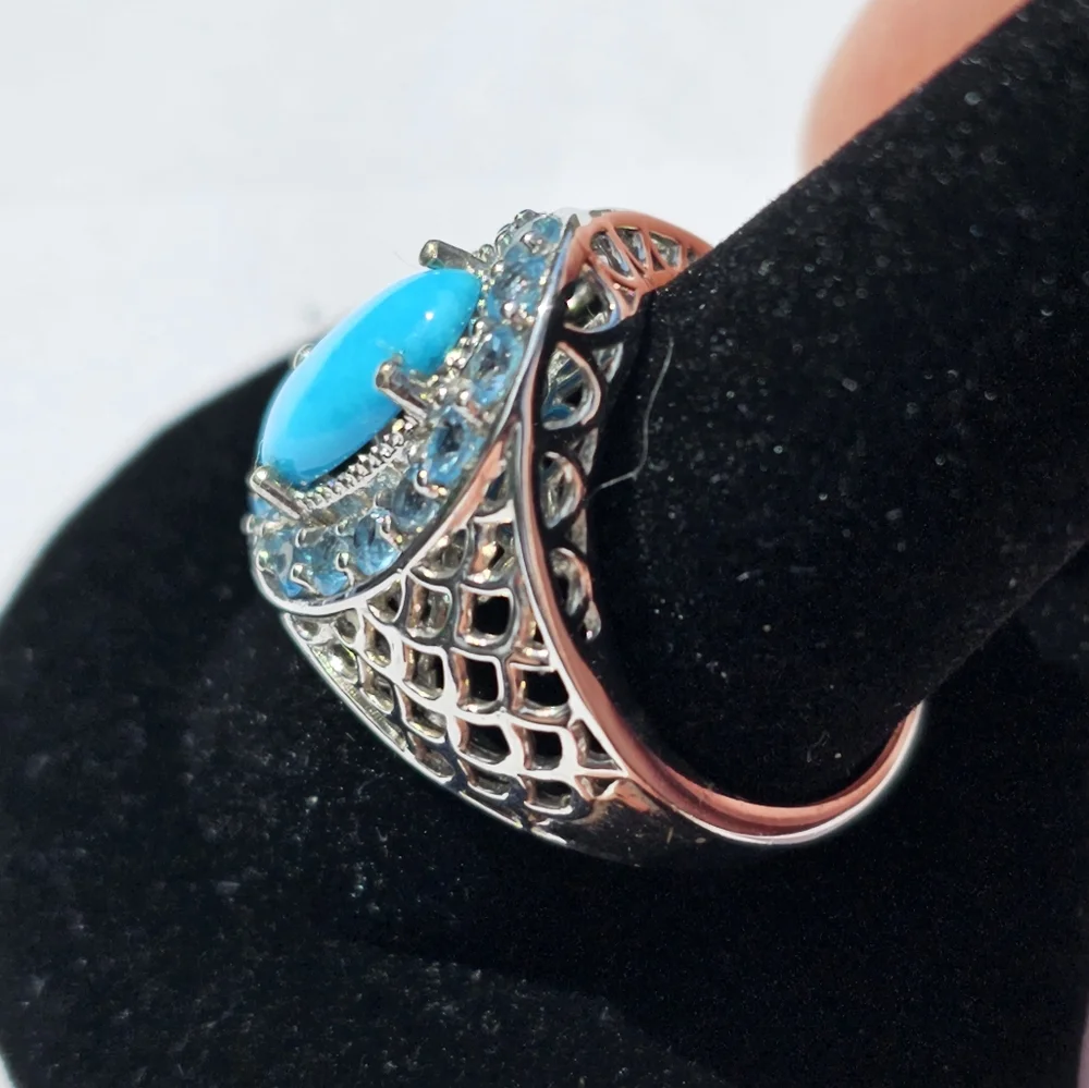 Sleeping Beauty Turquoise & Electric Blue Topaz  Ring Platinum over 925 Size 10 - Picture 7 of 11